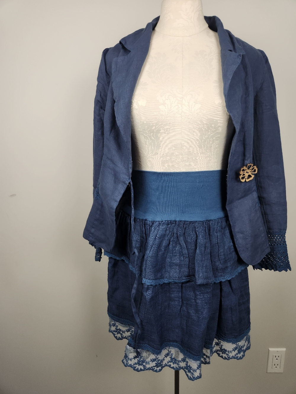100% Linen Skirt Top Set Tiered Crochet Ruffle Southwest Western Stampede Size M - Picture 6 of 14